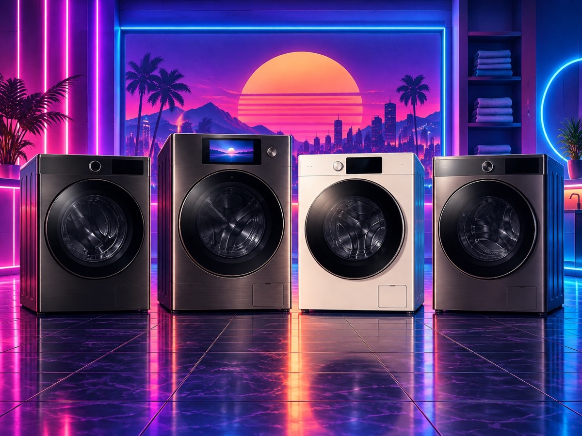 Editorial illustration comparing LG SIGNATURE WM9998HBA, LG WM6998, Samsung Bespoke WD53, and GE Profile PFQ97HSPVDS washer dryer combos