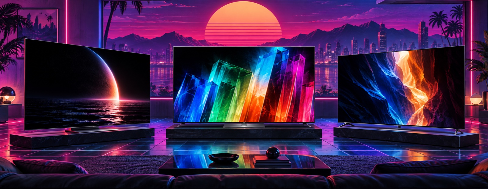 Editorial illustration comparing the 2026 LG OLED evo G6, Samsung Micro RGB R95H, and Sony BRAVIA 9 II True RGB televisions